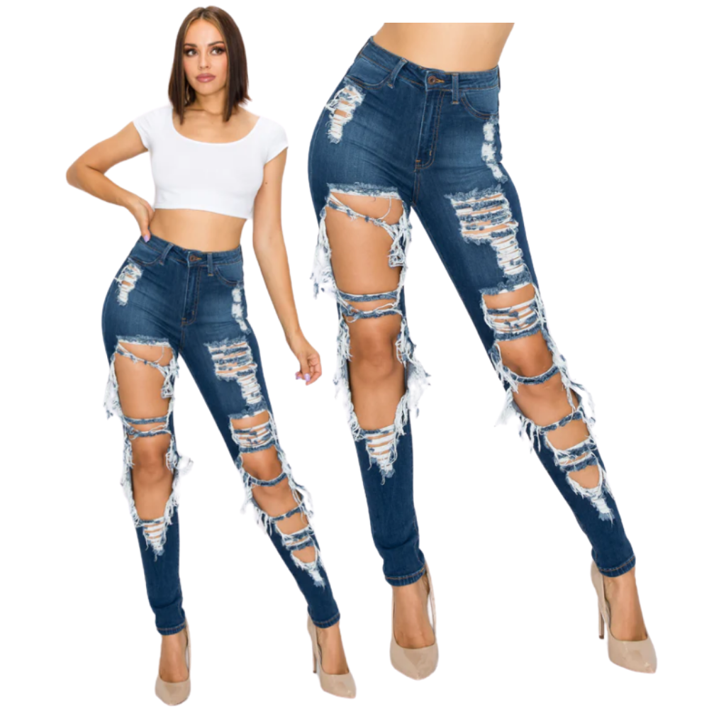 Casual Cool 2024 Premium Quality Custom Stretchy High Waist Distressed Women's Skinny Denim Jeans Low Cost Made From Bangladesh