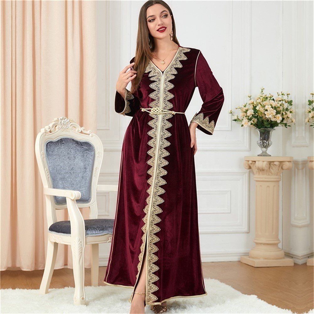 RHG Women Elegant Embroidery Floral Casual Velvet Abaya Turkish Muslim Dress Long Sleeve Moroccan Caftan Evening Gown Maxi Dress