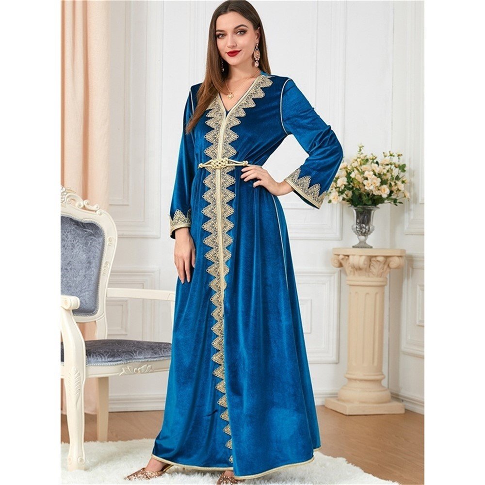 RHG Women Elegant Embroidery Floral Casual Velvet Abaya Turkish Muslim Dress Long Sleeve Moroccan Caftan Evening Gown Maxi Dress