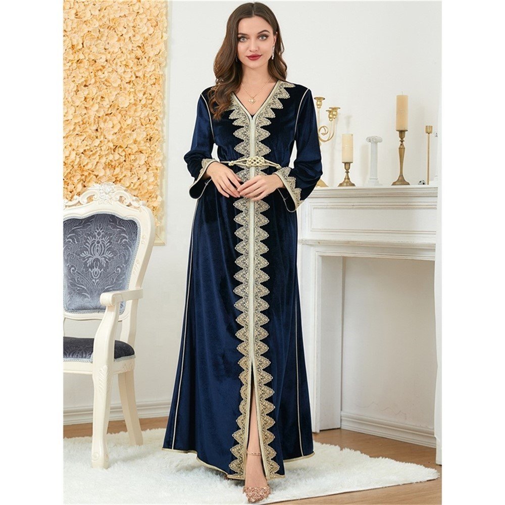 RHG Women Elegant Embroidery Floral Casual Velvet Abaya Turkish Muslim Dress Long Sleeve Moroccan Caftan Evening Gown Maxi Dress