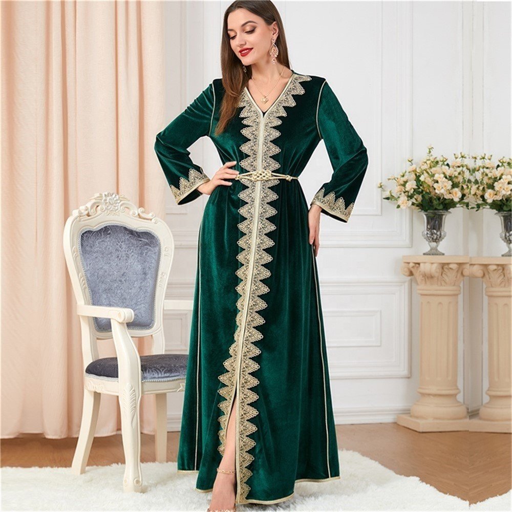 RHG Women Elegant Embroidery Floral Casual Velvet Abaya Turkish Muslim Dress Long Sleeve Moroccan Caftan Evening Gown Maxi Dress