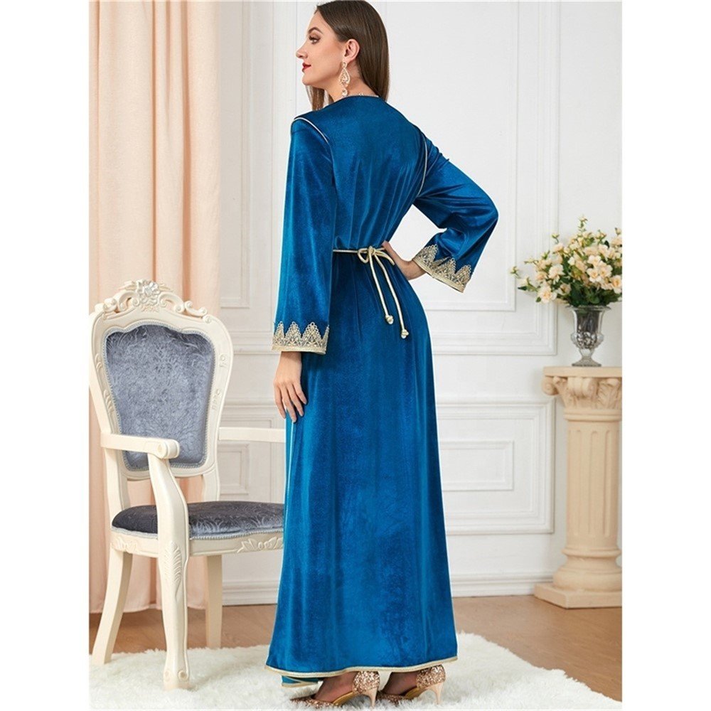 RHG Women Elegant Embroidery Floral Casual Velvet Abaya Turkish Muslim Dress Long Sleeve Moroccan Caftan Evening Gown Maxi Dress