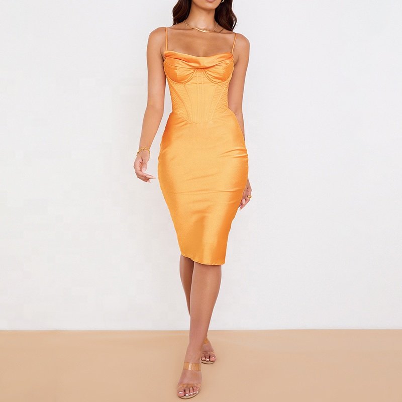 Weixin Women Clothing Professional Custom Tangerine Satin Corset Silk Graduation Trending Midi Dress Summer Casual Dresses Woven