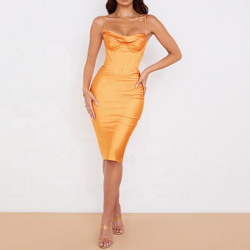 Weixin Women Clothing Professional Custom Tangerine Satin Corset Silk Graduation Trending Midi Dress Summer Casual Dresses Woven