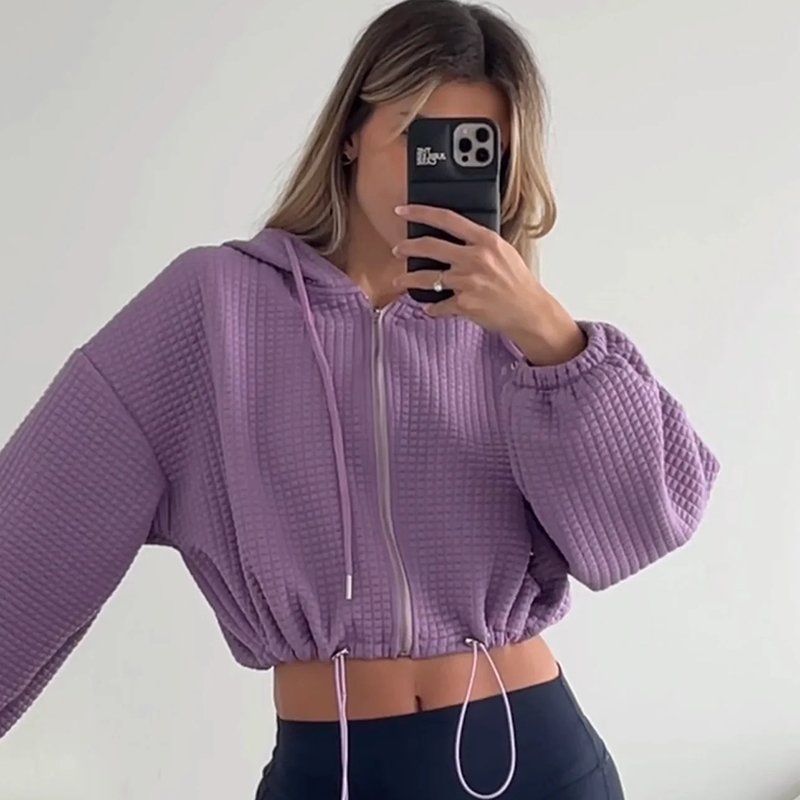 Custom Women's Zip Up Cropped Sweatshirt Hoodie Waffle Knit Shacket Jacket Hood Casual Jacket with Drawcord &Embroidery Logos