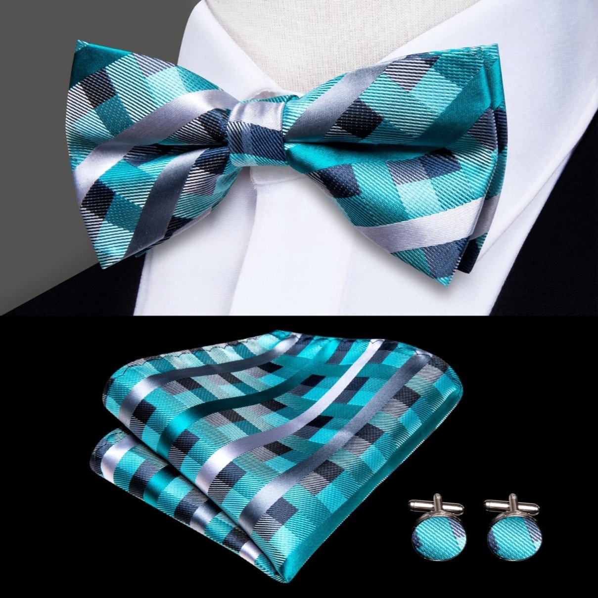 100% Pure Silk Weave Woven Jacquard Aqua Bowtie and suspender Sets Customization For Men Classic Ties