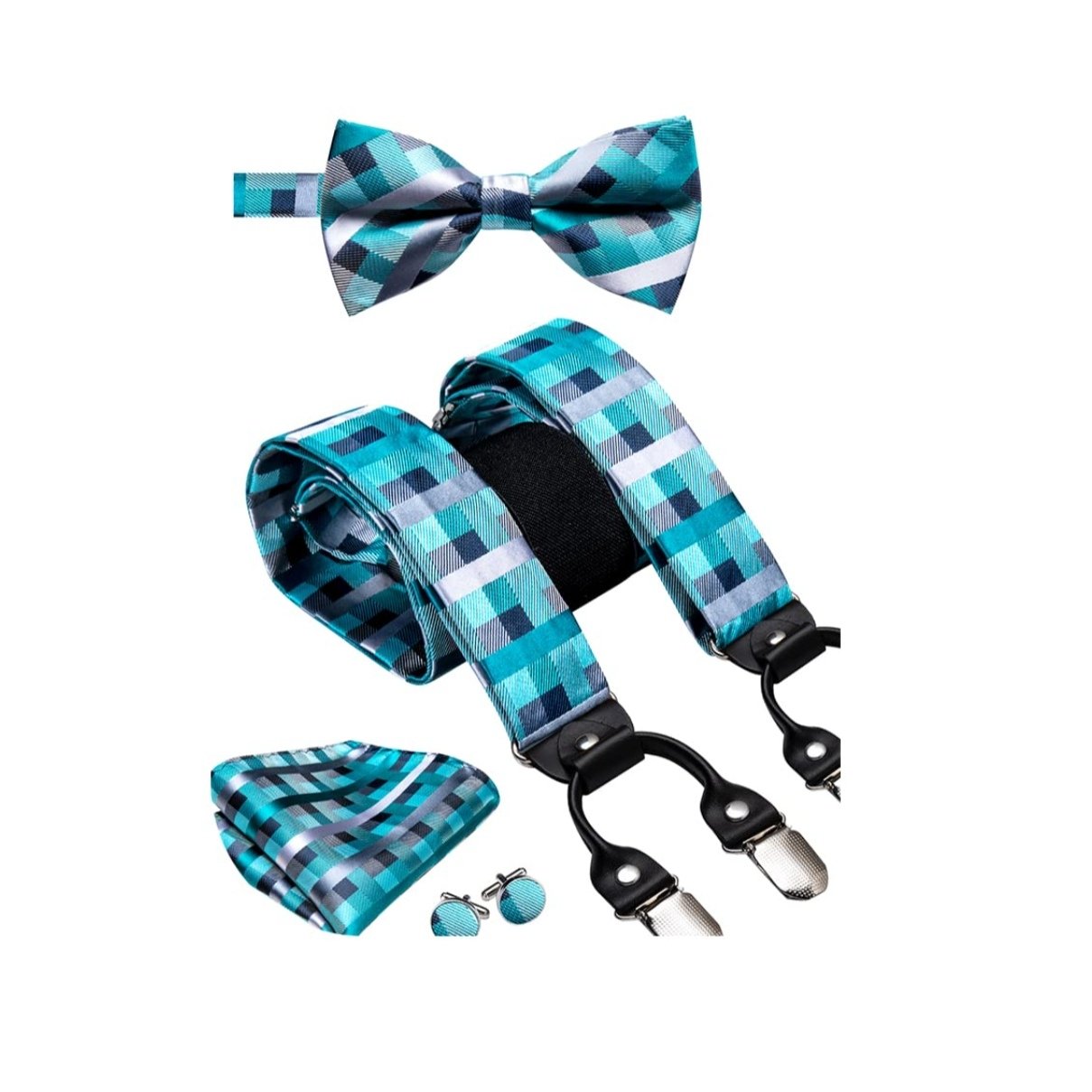 100% Pure Silk Weave Woven Jacquard Aqua Bowtie and suspender Sets Customization For Men Classic Ties