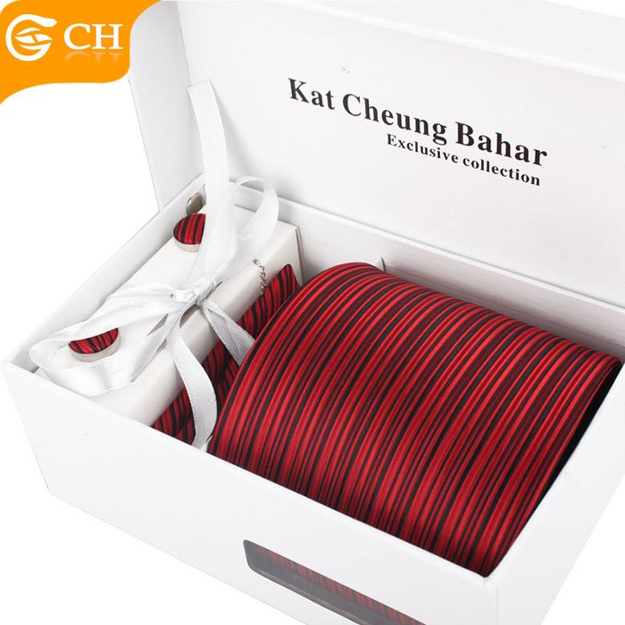 Wholesale Custom Fashion High Quality Woven Silk Neck Tie And Hanky Box Set Men Red Cufflink and Tie Set