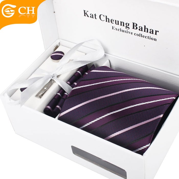 Wholesale Custom Fashion High Quality Woven Silk Neck Tie And Hanky Box Set Men Red Cufflink and Tie Set