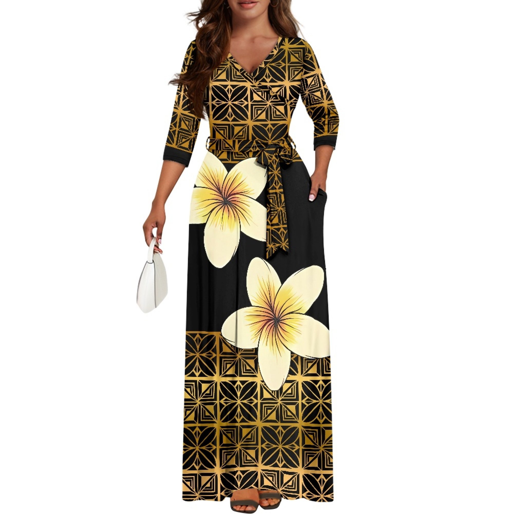 New Wholesale Customized Polynesian Tribal Printed Lace-Up Long Maxi Dress Side Pocket Plus Size Women Casual Dresses With Belt