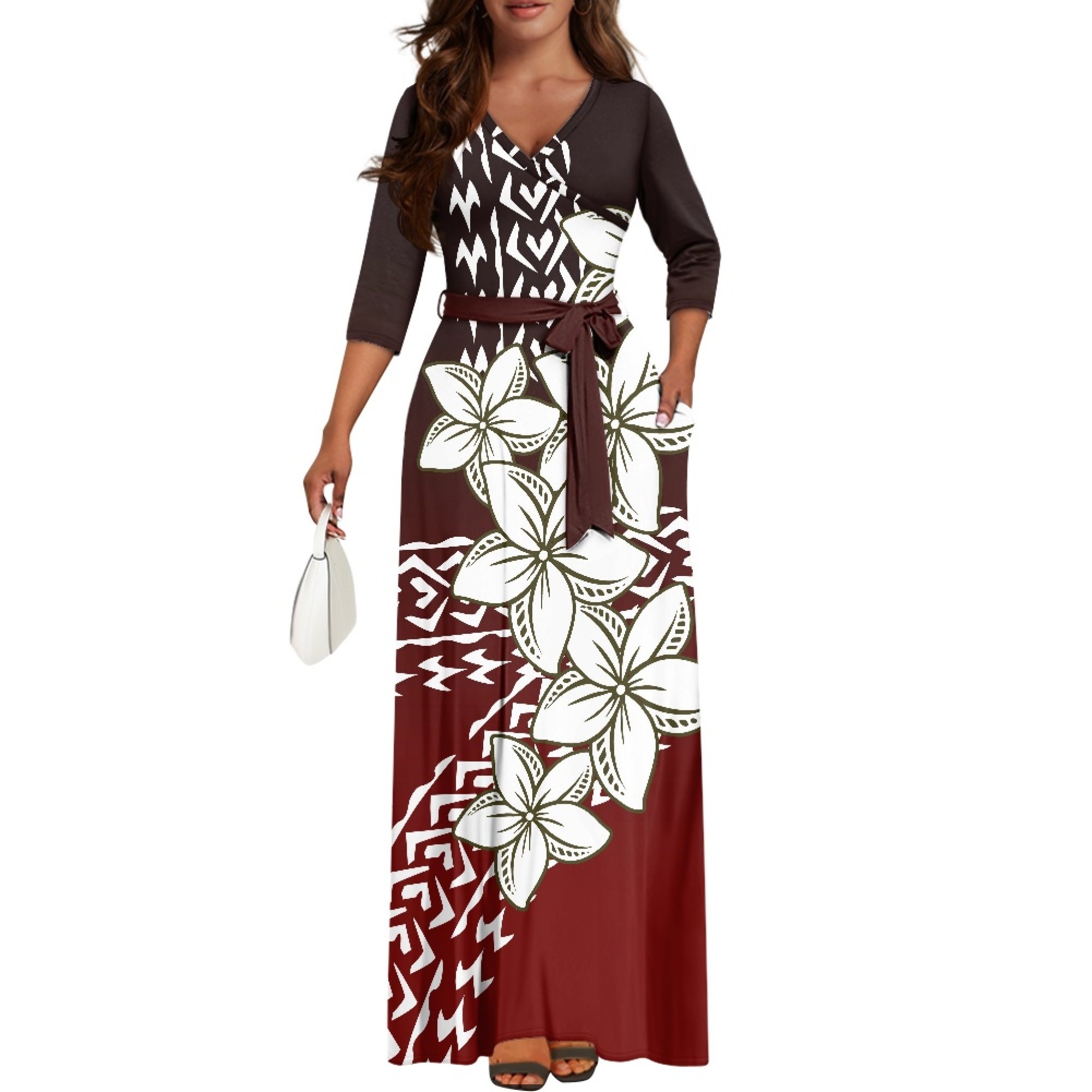 New Wholesale Customized Polynesian Tribal Printed Lace-Up Long Maxi Dress Side Pocket Plus Size Women Casual Dresses With Belt