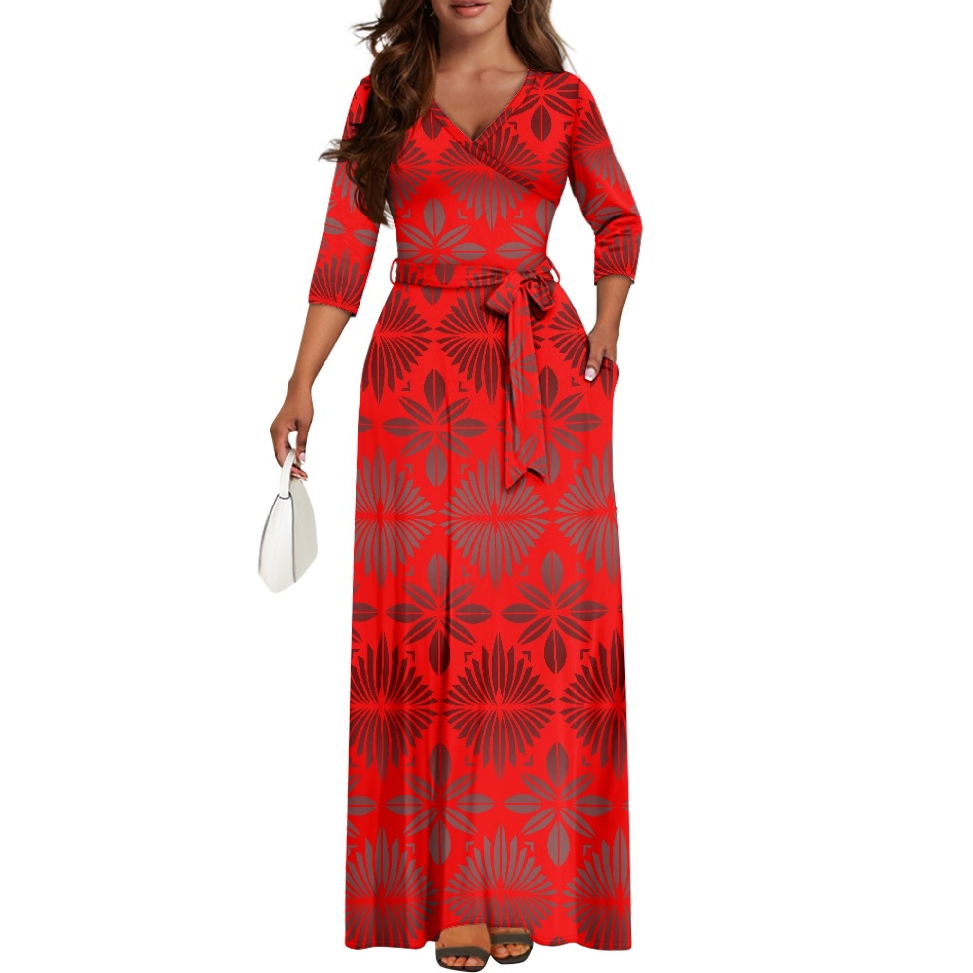 New Wholesale Customized Polynesian Tribal Printed Lace-Up Long Maxi Dress Side Pocket Plus Size Women Casual Dresses With Belt