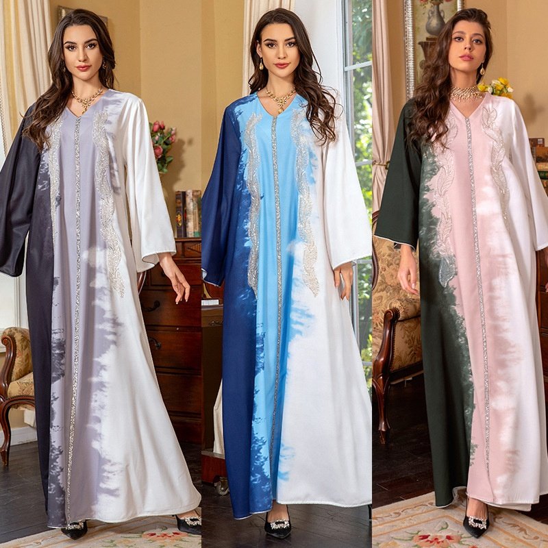 Fashion Tie Dyeing Contrast Color Beading Diamonds Long Sleeve V-Neck Casual Dubai Abaya Turkey Moroccan African Women Dress