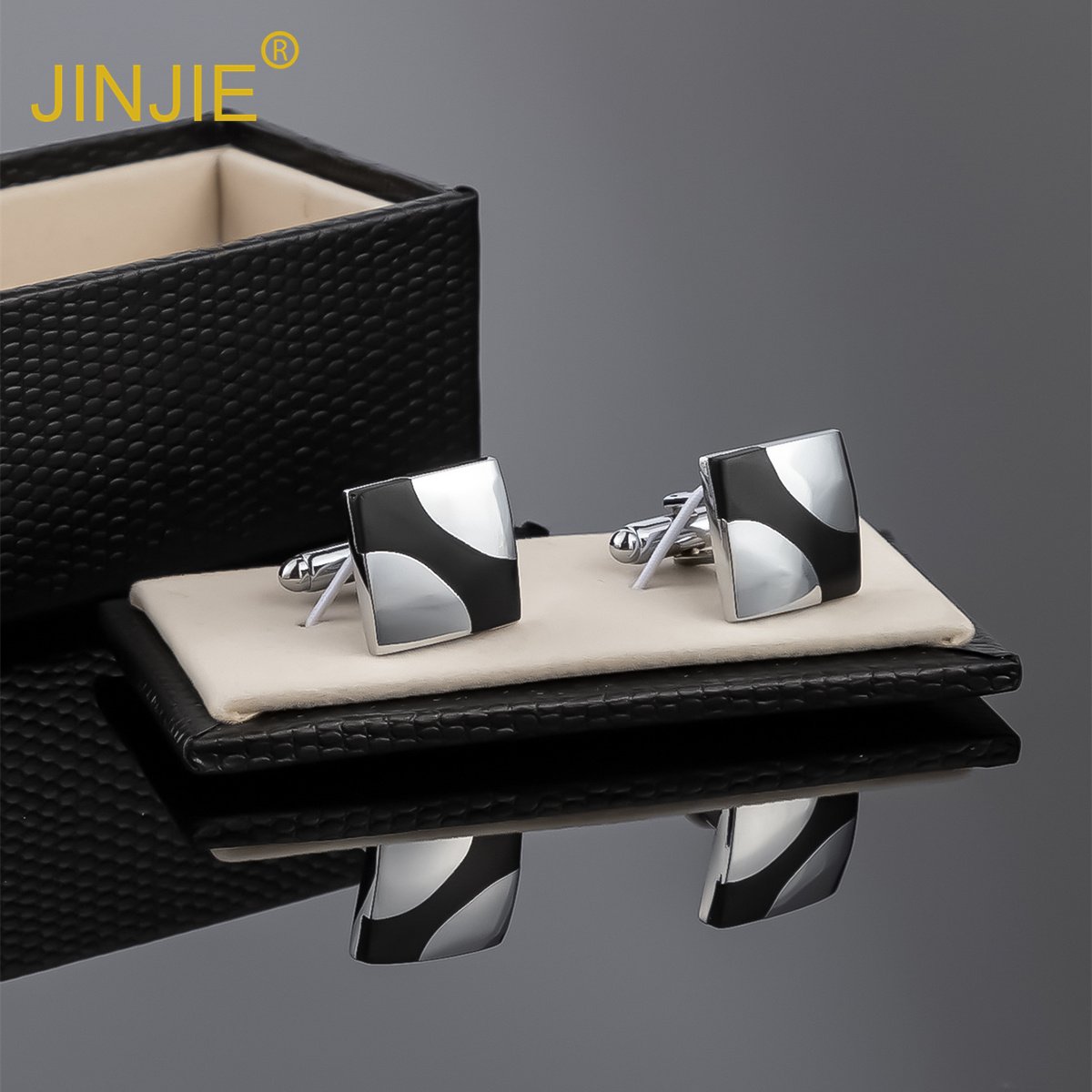 Low price ready to ship Classic cheap square Black and white pattern silver button men cufflinks