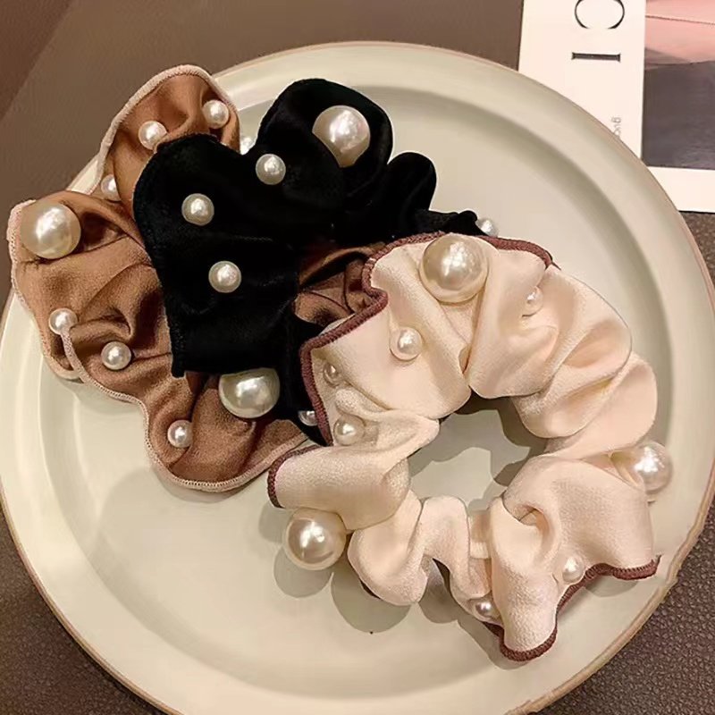 Korean Elegant Large Elastic Hair Bands in Coffee Color with Top Quality Pearls Silk Stain Scrunchies for Women Girls
