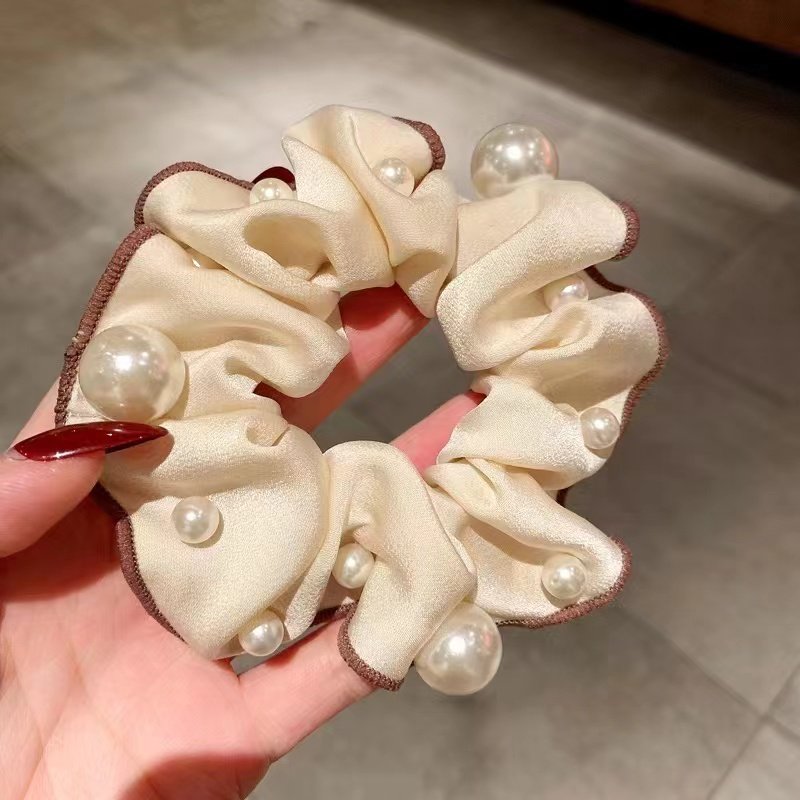 Korean Elegant Large Elastic Hair Bands in Coffee Color with Top Quality Pearls Silk Stain Scrunchies for Women Girls