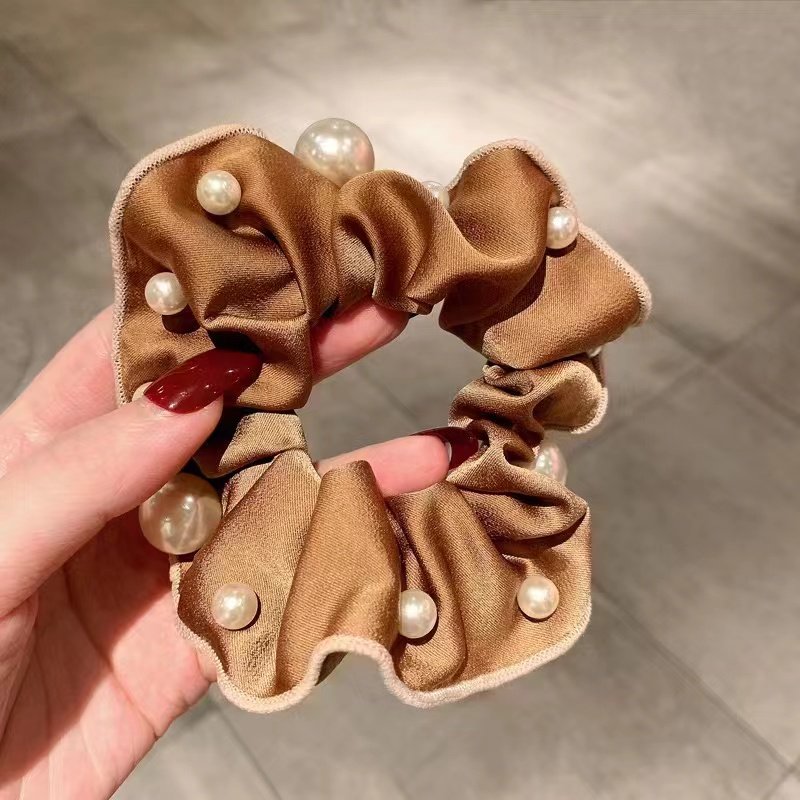 Korean Elegant Large Elastic Hair Bands in Coffee Color with Top Quality Pearls Silk Stain Scrunchies for Women Girls