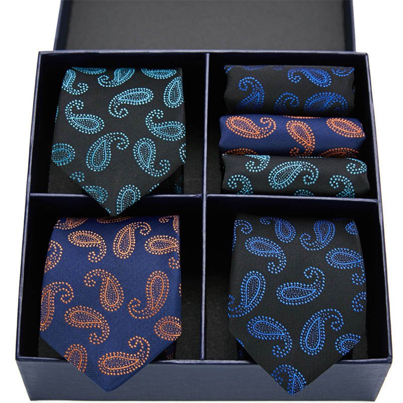 Gift Box Mens Tie Silk Paisley Ties For Men Wedding Business Style Blue Tie Set
