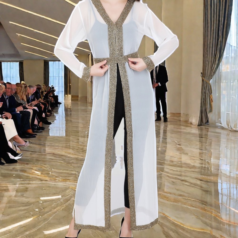 2024 Elite Dress Full Length Georgette Kimono Women Front Open Hand Beads Embroidery Sequin Muslim Dress Abaya Party Club Wear