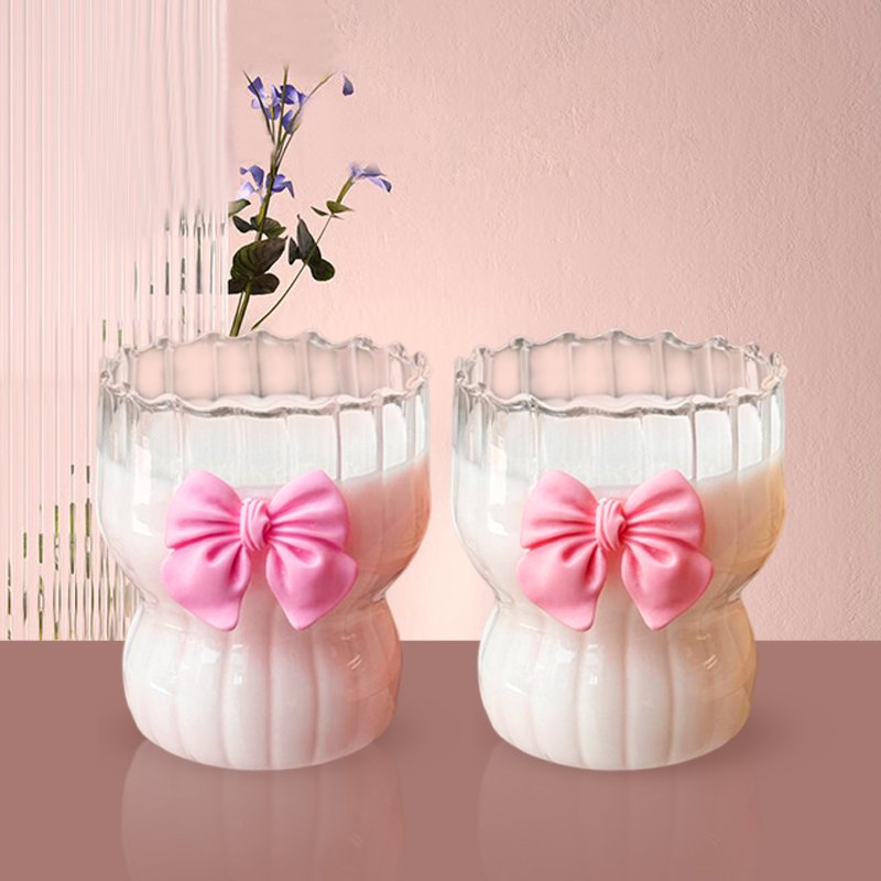 350ml Ripple Drinking Glasses Ribbed Glass Cup With Pink Bow Tie for Coffee Milk Tea