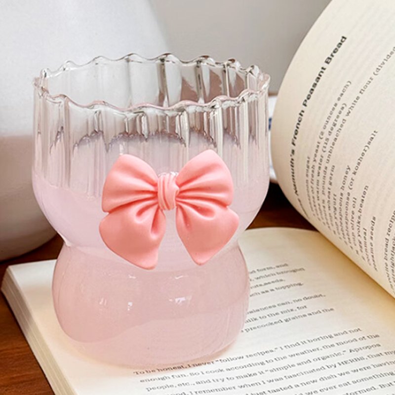 350ml Ripple Drinking Glasses Ribbed Glass Cup With Pink Bow Tie for Coffee Milk Tea