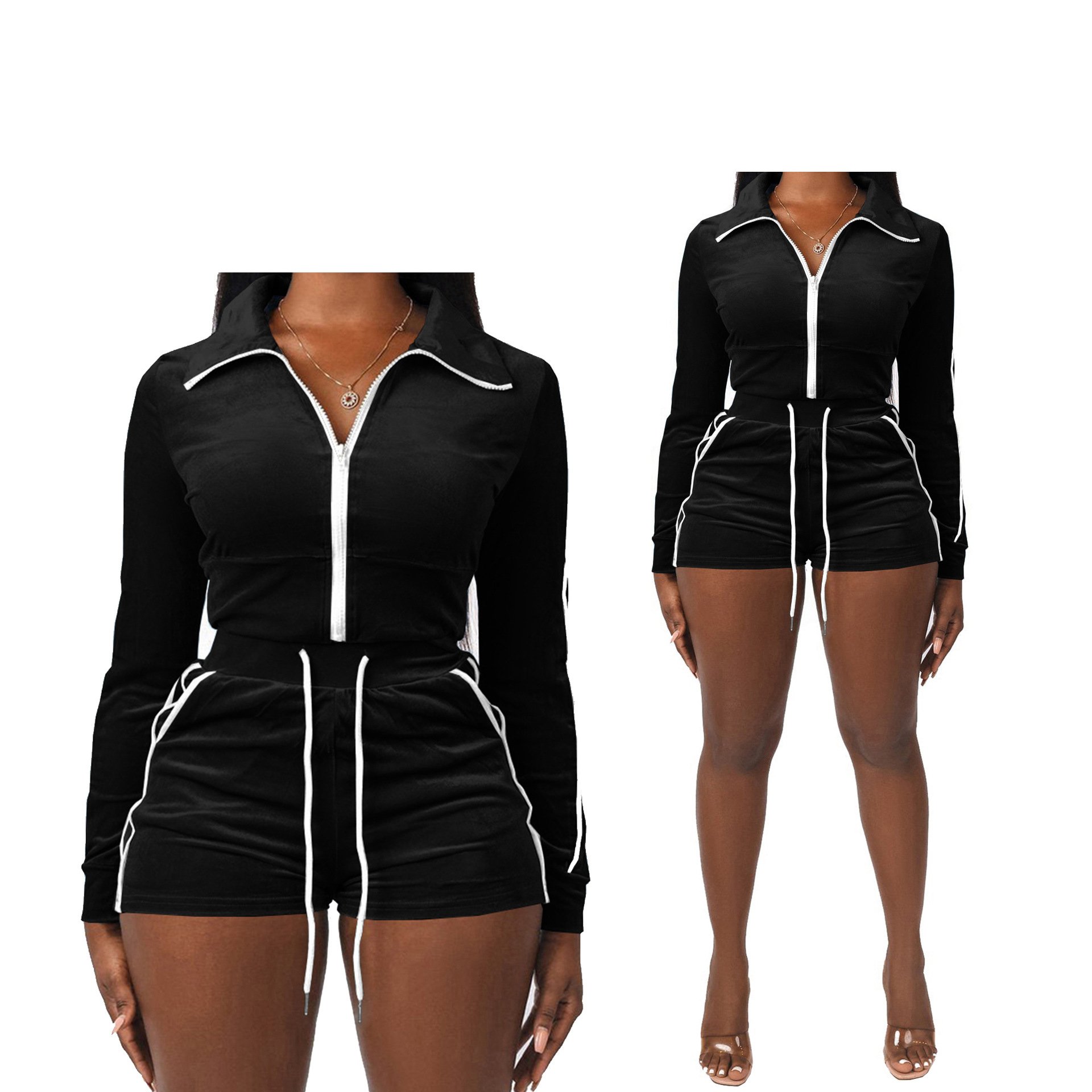 spring lounge wear 2023 Custom logo Wholesale Crop Velour Two Piece Tracksuit Zip Up hoodie Shorts Sets velvet Womens Breathable