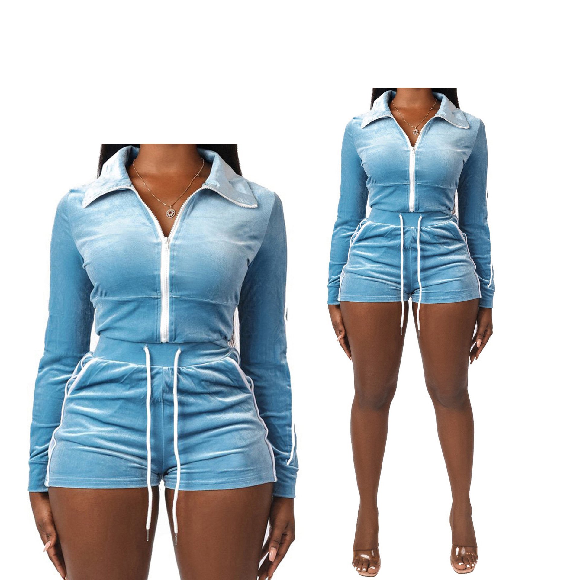 spring lounge wear 2023 Custom logo Wholesale Crop Velour Two Piece Tracksuit Zip Up hoodie Shorts Sets velvet Womens Breathable