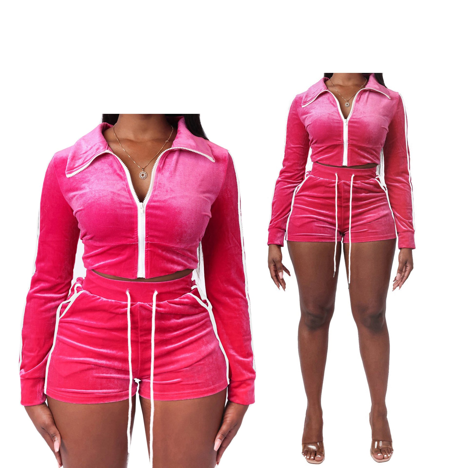 spring lounge wear 2023 Custom logo Wholesale Crop Velour Two Piece Tracksuit Zip Up hoodie Shorts Sets velvet Womens Breathable