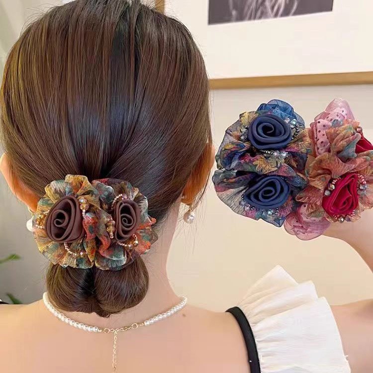 New arrival INS Elegent Women's hair ties mesh scrunchies hair rubber band with flower pearl girls Hair Accessories