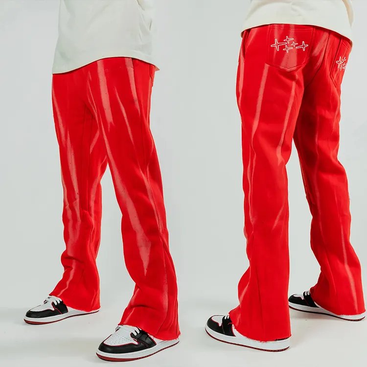 Factory manufacture heavyweight 100% cotton raw hem sweatpants custom tie dyed cargo 450 gsm flared sweatpants men