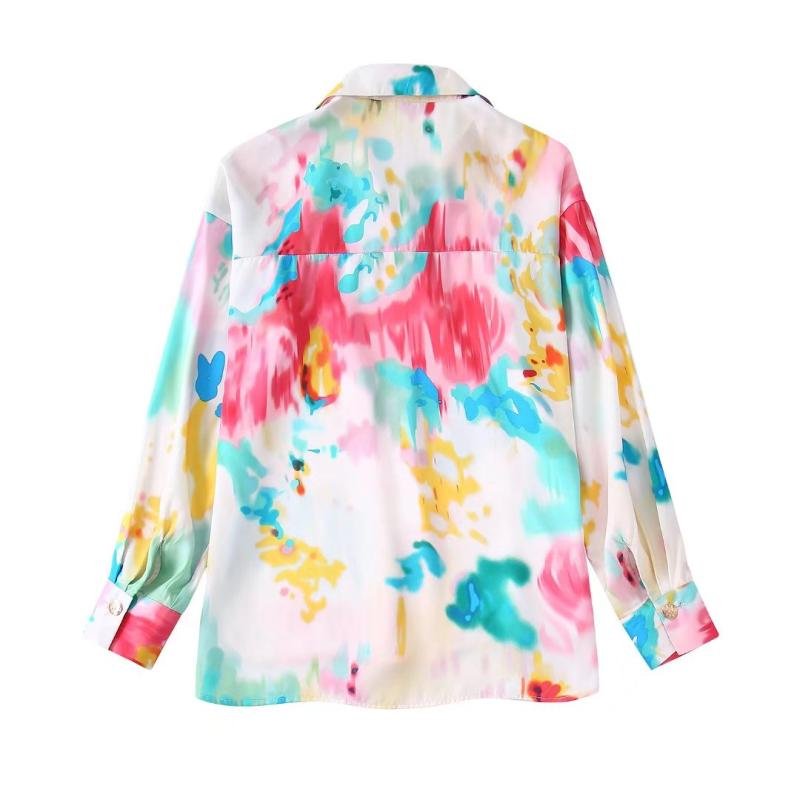 Stylish Design Turn Down Collar Multi Color Tie Dye Printed Drape Long Sleeve Button Women Blouse & Tops