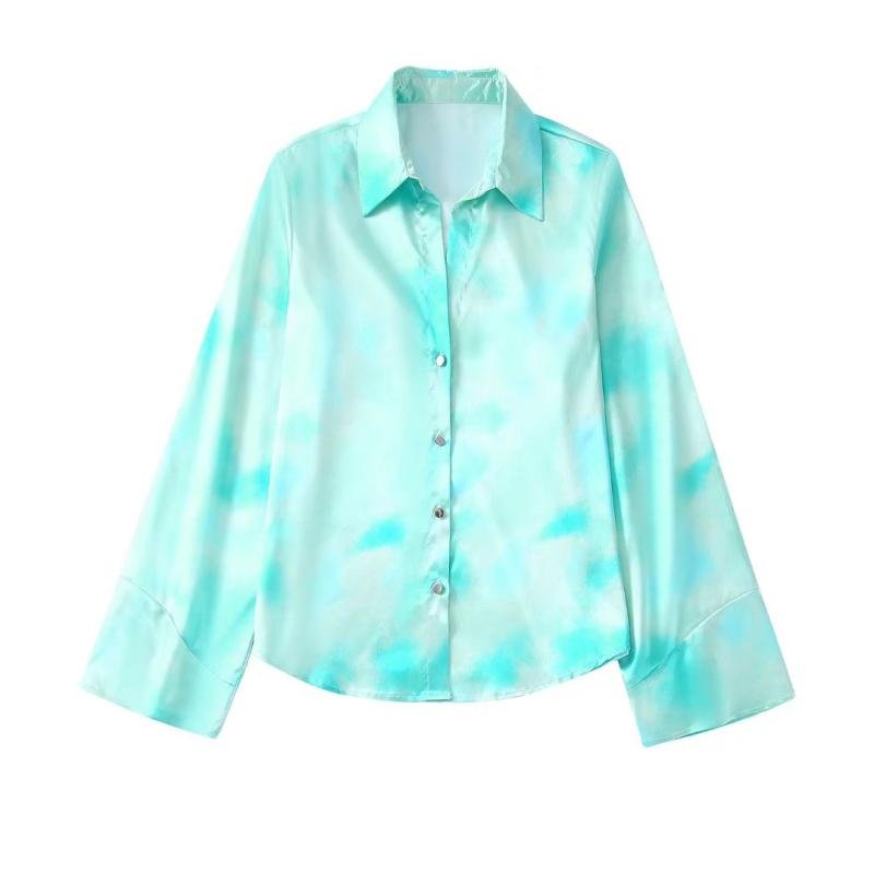 Stylish Design Turn Down Collar Multi Color Tie Dye Printed Drape Long Sleeve Button Women Blouse & Tops