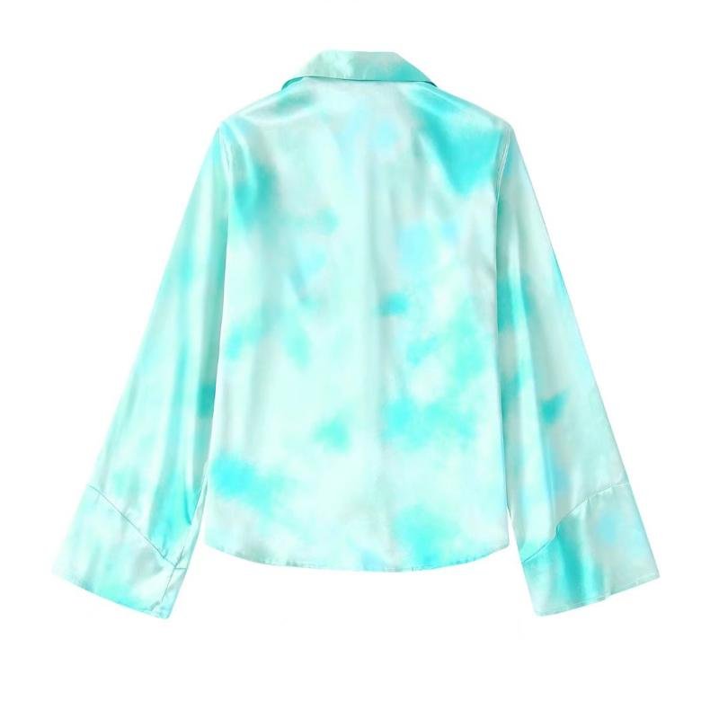 Stylish Design Turn Down Collar Multi Color Tie Dye Printed Drape Long Sleeve Button Women Blouse & Tops