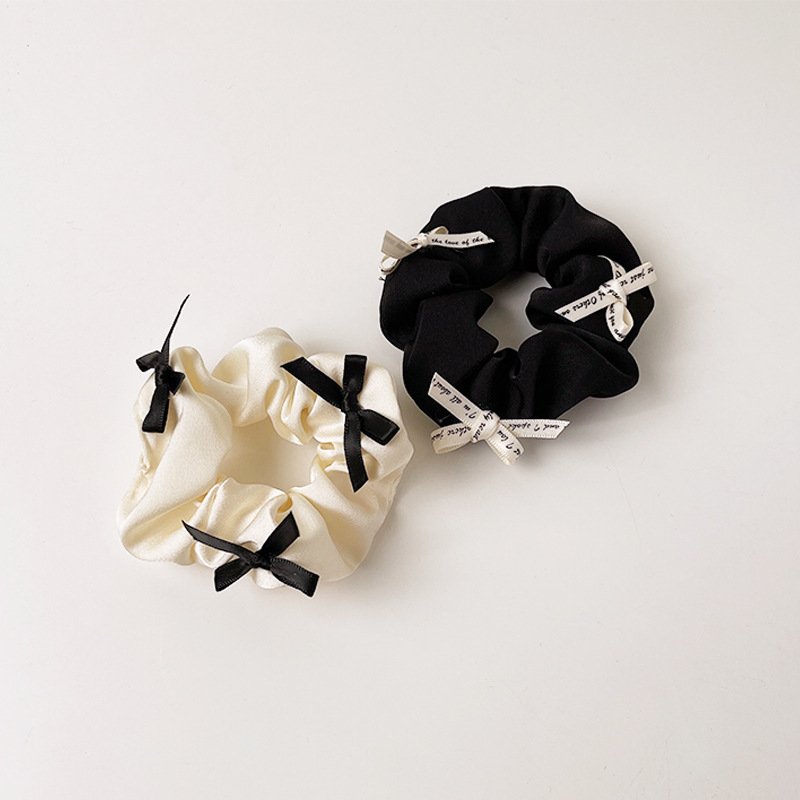 Sweet Cute Design Ponytail Holder Black Cream Bow Elastic Hair Ties Accessories Kids Teen Girls Bow Silk Satin Scrunchie