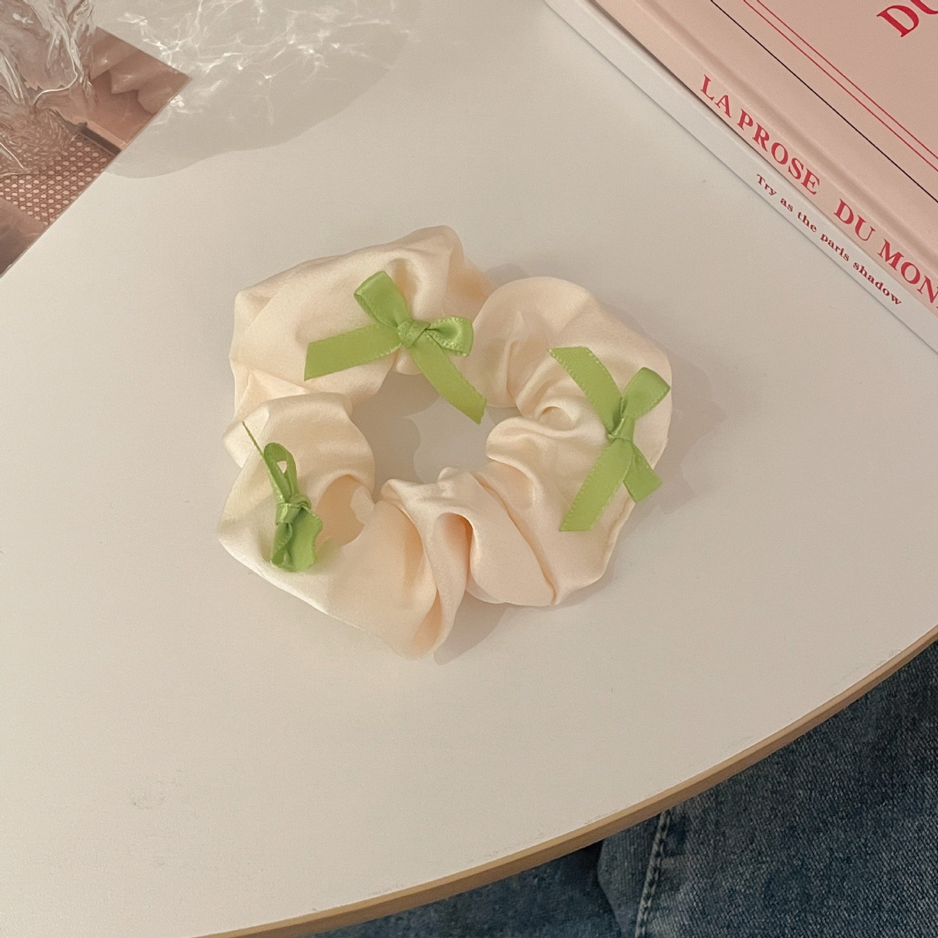 Sweet Cute Design Ponytail Holder Black Cream Bow Elastic Hair Ties Accessories Kids Teen Girls Bow Silk Satin Scrunchie
