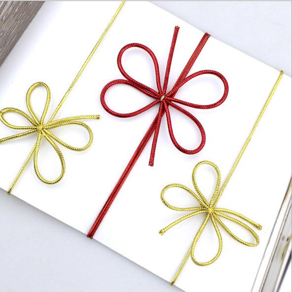 8 inch Flat Stretch Customized Metallic Gold Elastic String Cord Pre-tie Loop Ribbon Bow For Gift Box Packaging Decoration