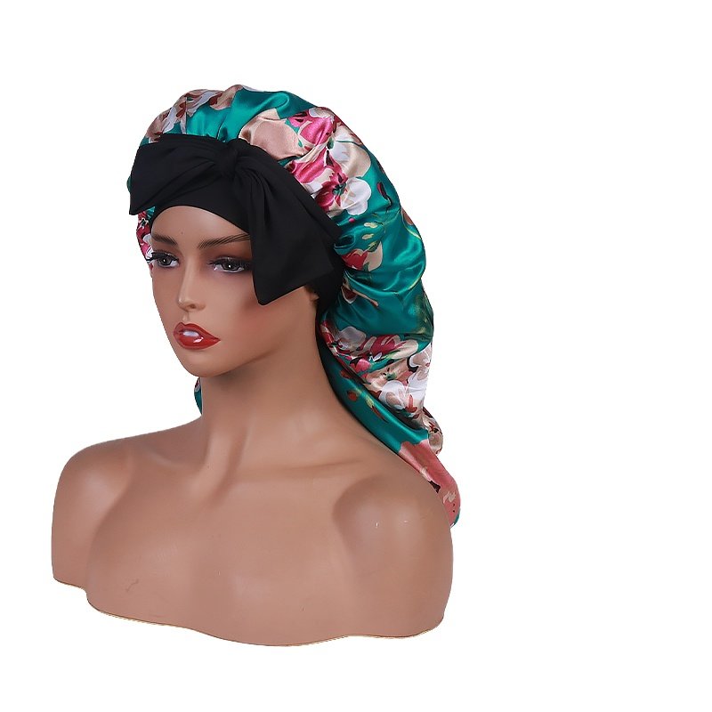 Floral Long Satin Bonnet for Sleeping - Double Layer Reversible Silk Bonnet for Long Hair Women Sleeping Cap with Tie Band