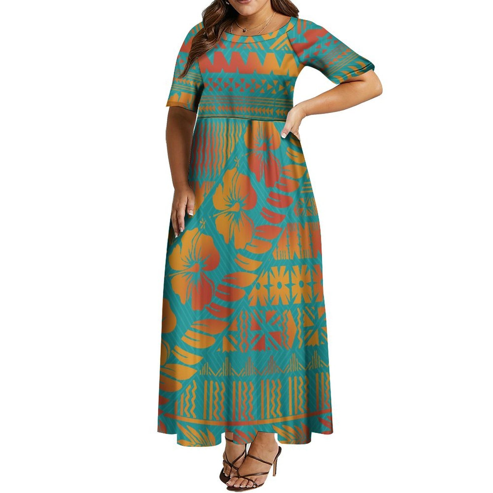 1 MOQ Island Style Hibiscus Flower Polynesian Printed Half Sleeve Long Maxi Dress Custom Ladies Dress Plus Size Party Dresses