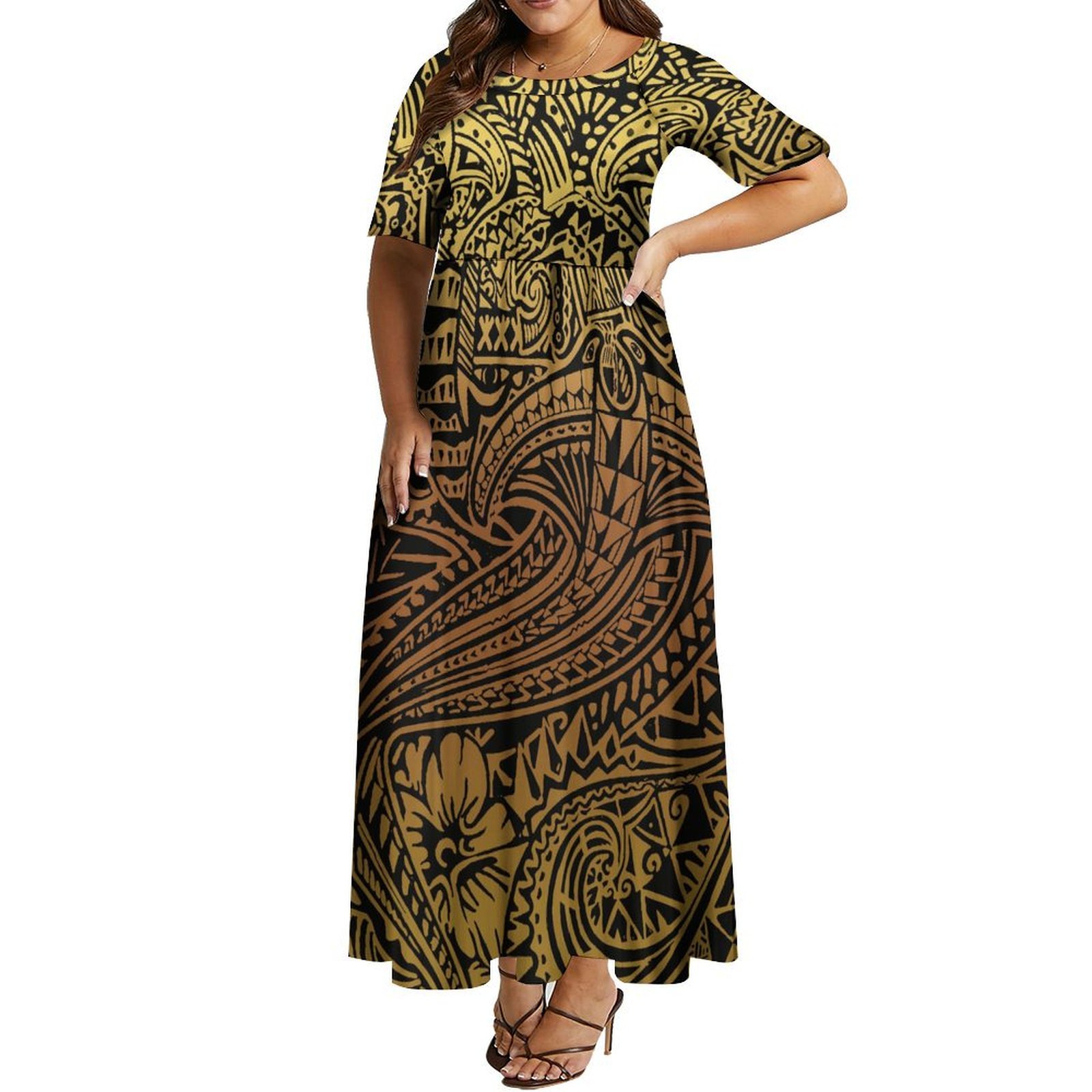 1 MOQ Island Style Hibiscus Flower Polynesian Printed Half Sleeve Long Maxi Dress Custom Ladies Dress Plus Size Party Dresses