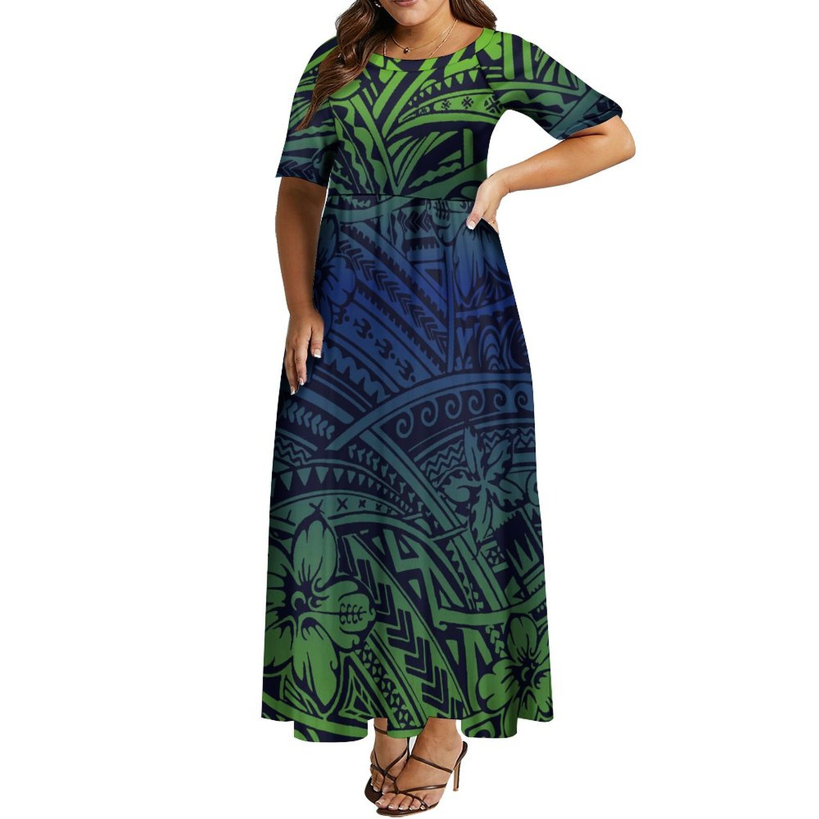 1 MOQ Island Style Hibiscus Flower Polynesian Printed Half Sleeve Long Maxi Dress Custom Ladies Dress Plus Size Party Dresses