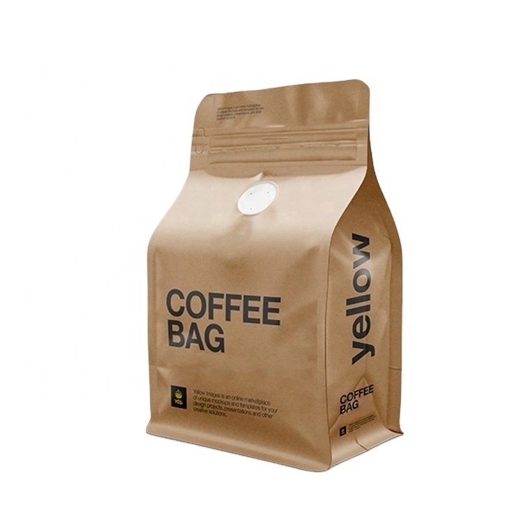 500g Kraft Flat Bottom Paper Custom Printed Packing Biodegradable Compostable Empty Bean Packaging Coffee Bag with Valve