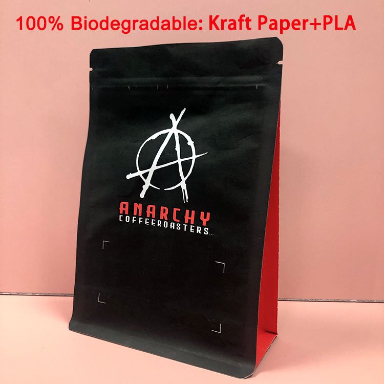 500g Kraft Flat Bottom Paper Custom Printed Packing Biodegradable Compostable Empty Bean Packaging Coffee Bag with Valve