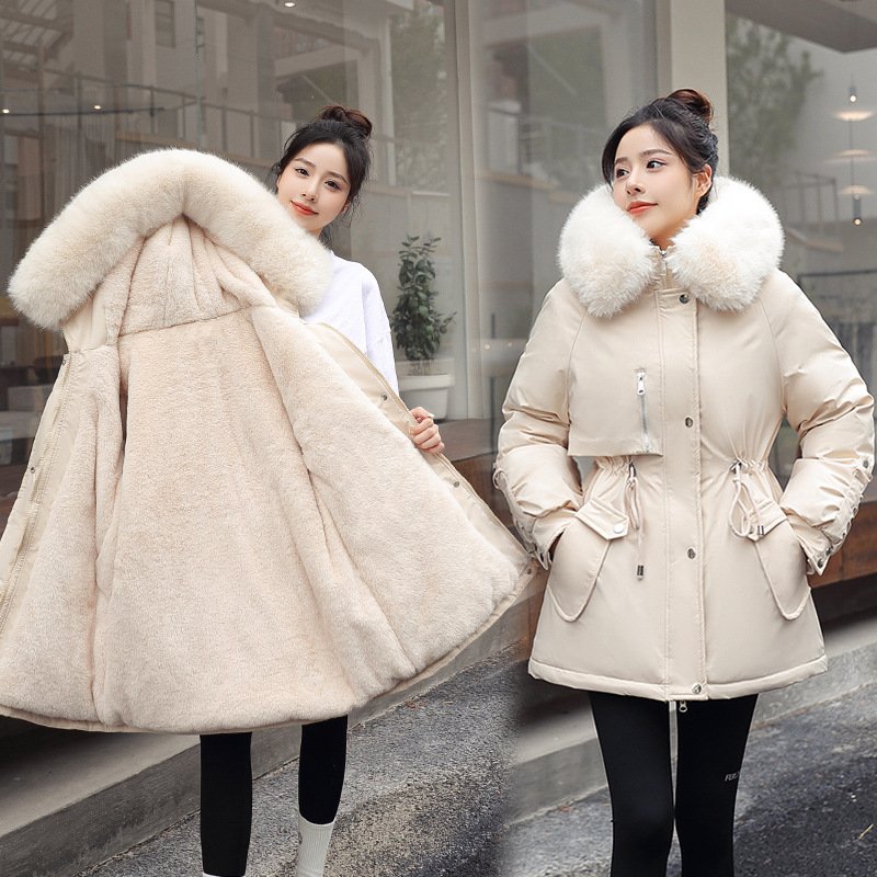 2024 Loose Down Cotton Coat Winter Mid length Women's Cotton Coat Waist Tie Large Fur Collar Thickening Style Overcoming Parka