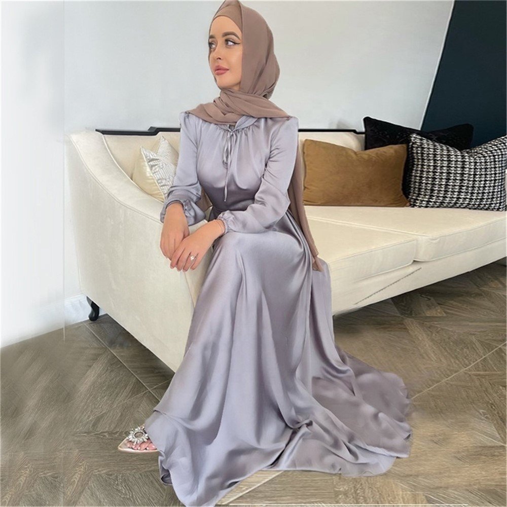 Women Muslim Satin Silk Puff Long Sleeve Maxi Dress Eid Mubarak Wrap Front Abaya Dubai Turkey Hijab Ethnic Clothing Kaftan Abaya