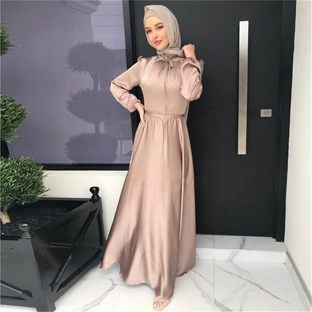 Women Muslim Satin Silk Puff Long Sleeve Maxi Dress Eid Mubarak Wrap Front Abaya Dubai Turkey Hijab Ethnic Clothing Kaftan Abaya