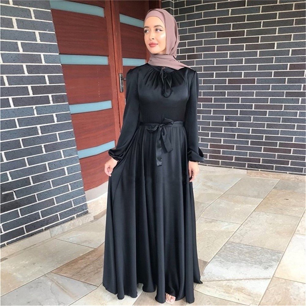 Women Muslim Satin Silk Puff Long Sleeve Maxi Dress Eid Mubarak Wrap Front Abaya Dubai Turkey Hijab Ethnic Clothing Kaftan Abaya