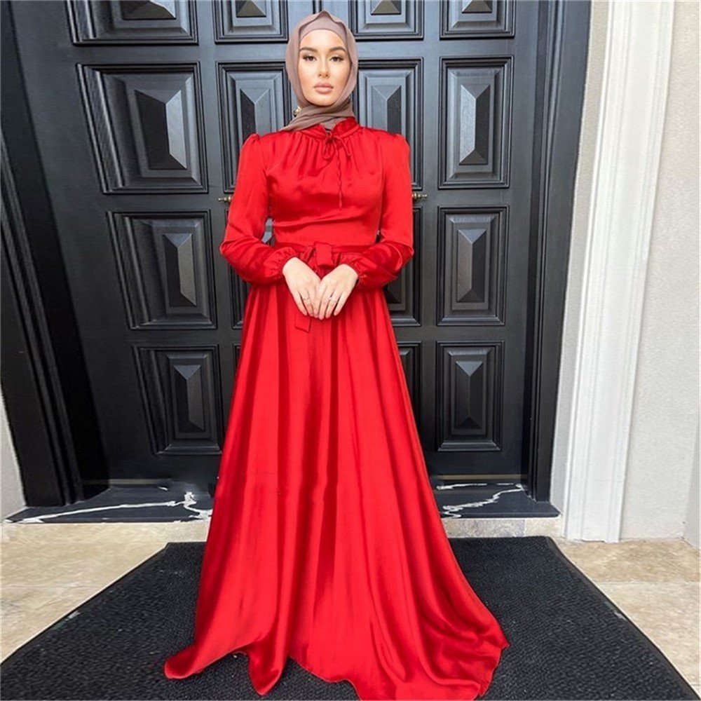 Women Muslim Satin Silk Puff Long Sleeve Maxi Dress Eid Mubarak Wrap Front Abaya Dubai Turkey Hijab Ethnic Clothing Kaftan Abaya