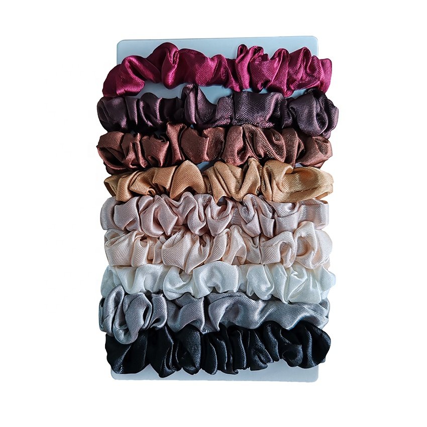 Neutral Color Skinny Satin Silk Hair Scrunchies Ponytail Holders Elastic Hair Tie Set For Women With Thin Hair 9 Counts
