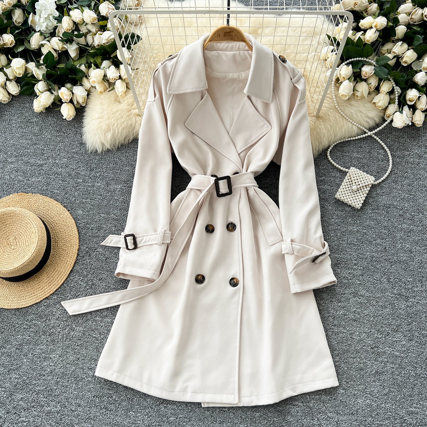 Vintage Windbreaker Female Spring Fall Hundred Tie Waist Double Breasted Casual Trench Jacket Female Coat