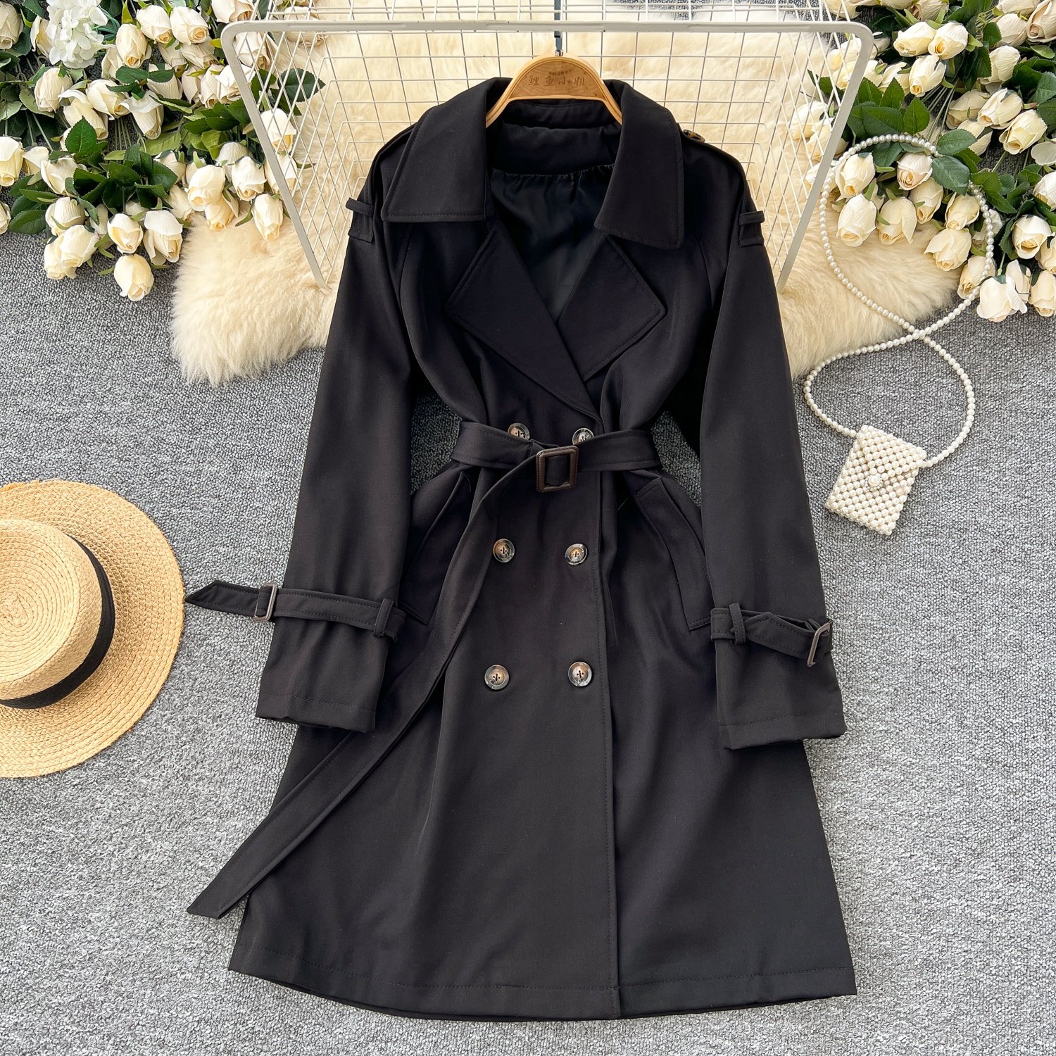 Vintage Windbreaker Female Spring Fall Hundred Tie Waist Double Breasted Casual Trench Jacket Female Coat
